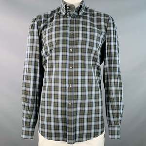 LUCIANO BARBERA Blue Olive Plaid Cotton One Pocket Long Sleeve Shirt